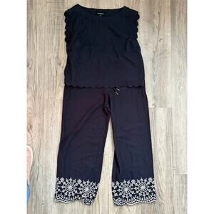 Ellen Tracey Navy w/ White Embroidred Pant Hem Pajamas Sz